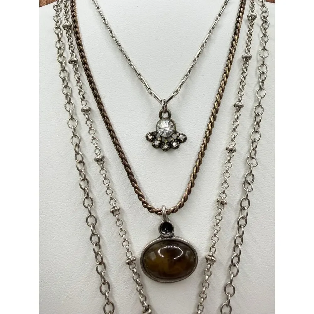 Y2K Layered Mixed Metal Charm Necklace | Faux Tiger Eye & Tusk Pendant